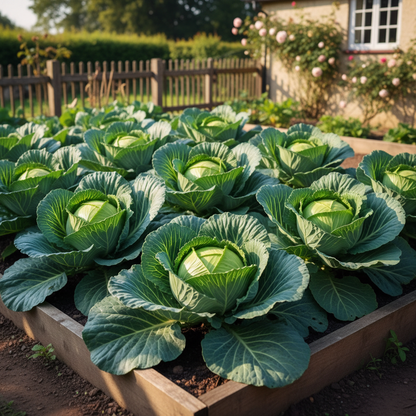 Large round firm green cabbage heads forming on plants with broad outer leaves in a neat garden bed