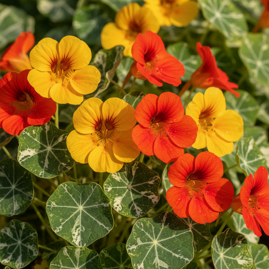Nasturtium Alaska Mixed Color Flowers and Variegated Leaves Close-up