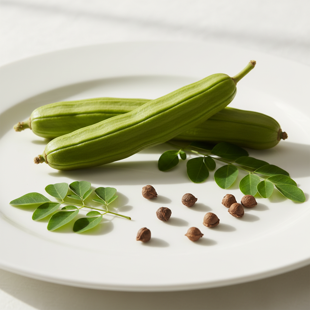 Fresh moringa drumstick pods, leaves and seeds arranged on a clean white surface