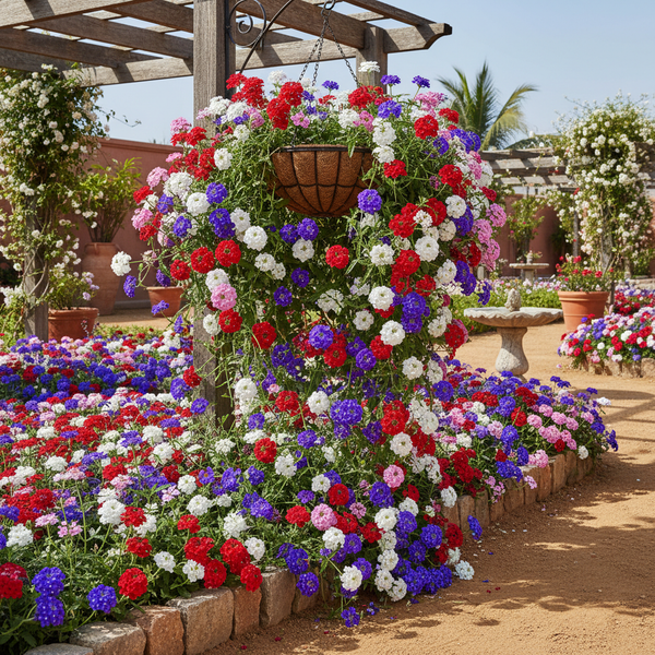 Verbena Red White Blue Pink Purple Mix Trailing Plant in Hanging Basket