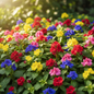 Balsam Gul Mehndi flowers in red, yellow, blue and pink mixed colors in full bloom