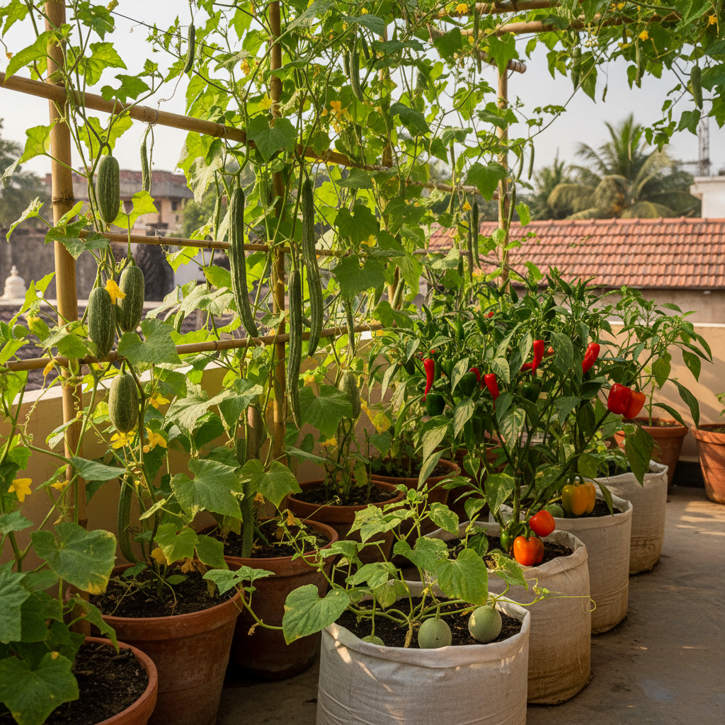 Lush Indian kitchen garden terrace with kachariya, kakri, pepper, kachri and capsicum plants growing in pots