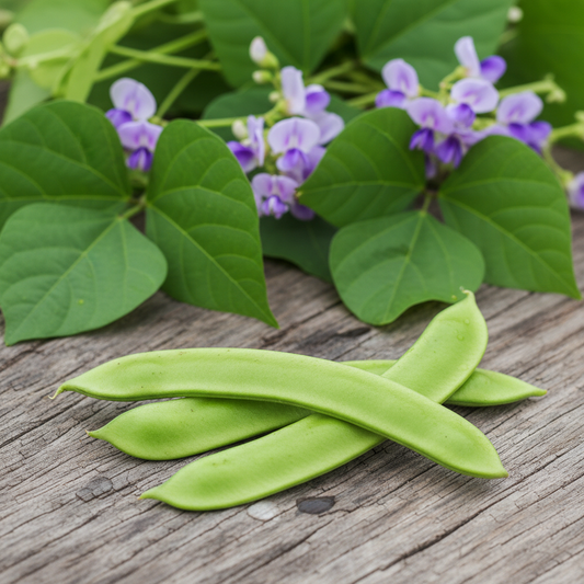 Fresh green hyacinth bean sem fali pods with purple flowers on rustic wooden surface