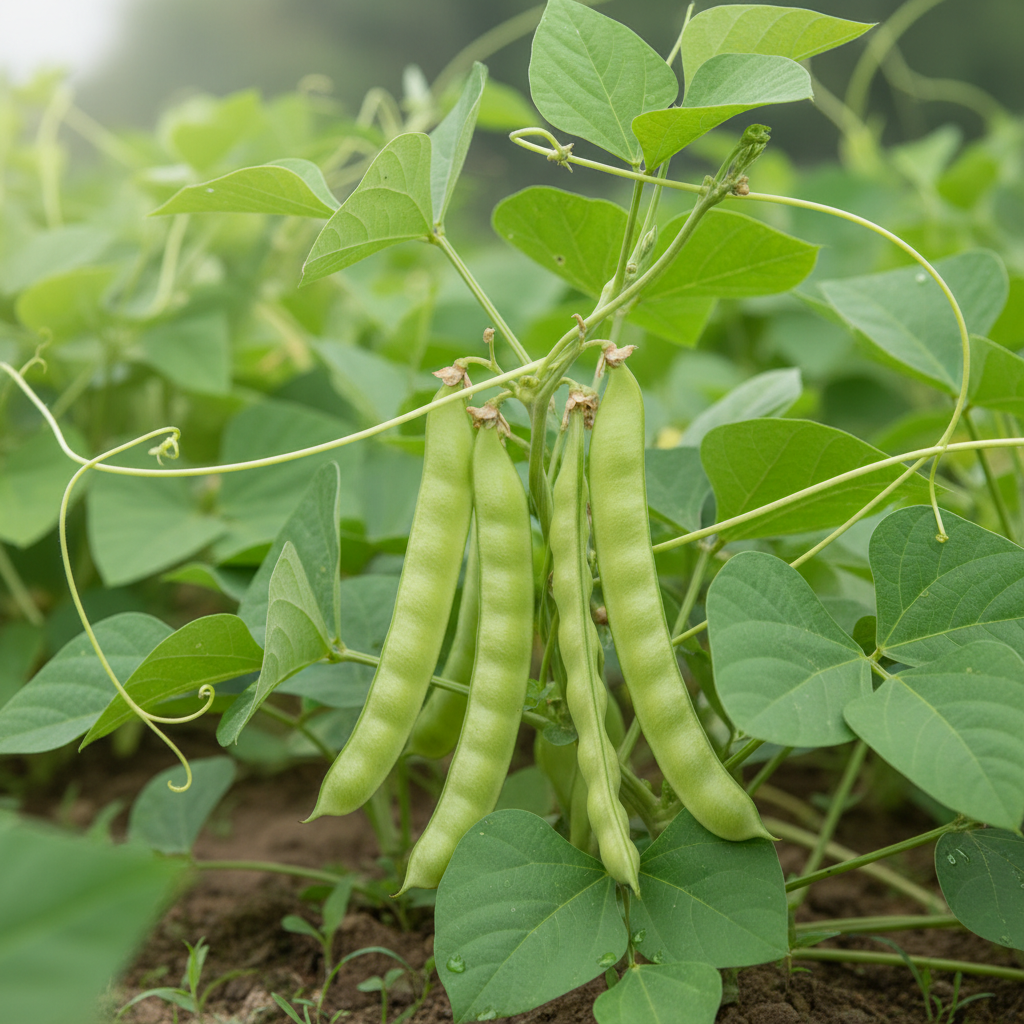 Fresh cowpea lobia bean pods growing on a plant in a natural garden setting