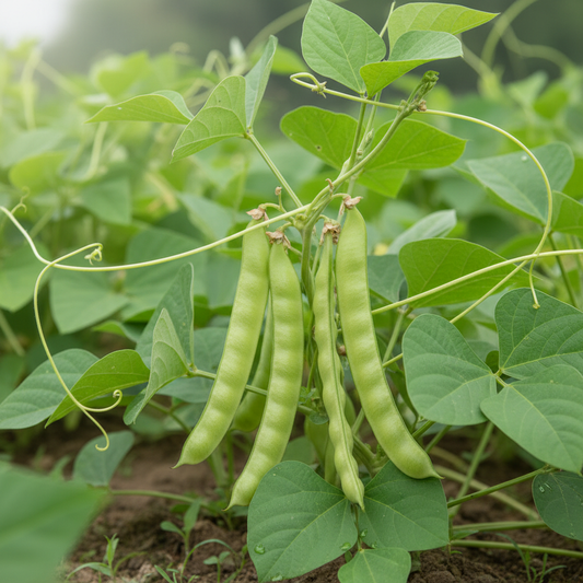 Fresh cowpea lobia bean pods growing on a plant in a natural garden setting