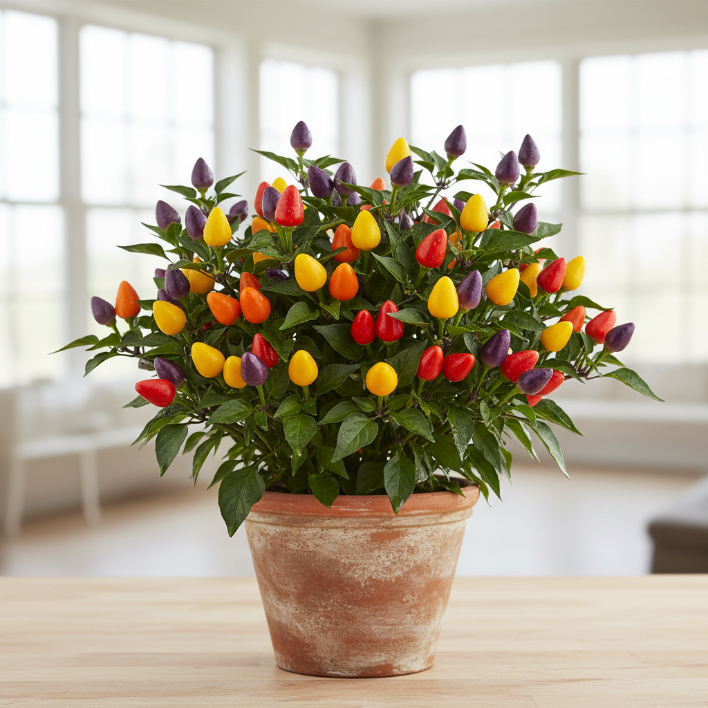 Ornamental chilli pepper plant in a pot with abundant multi-colour fruits in purple, yellow, orange and red
