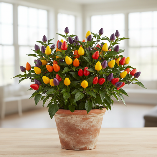 Ornamental chilli pepper plant in a pot with abundant multi-colour fruits in purple, yellow, orange and red