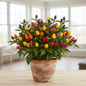 Ornamental chilli pepper plant in a pot with abundant multi-colour fruits in purple, yellow, orange and red