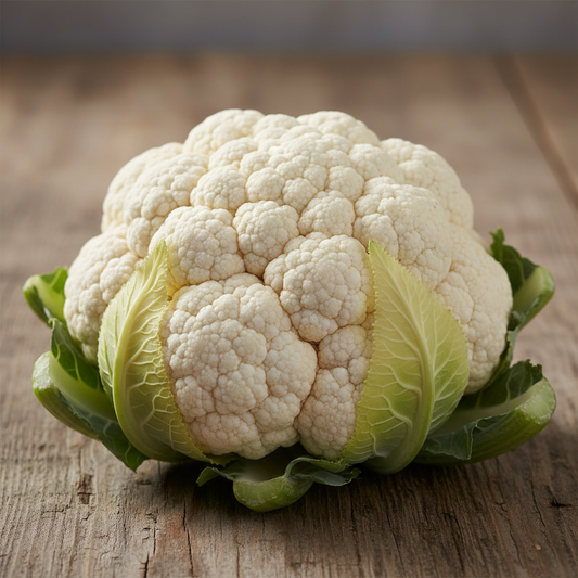 Large dense white cauliflower curd with green outer leaves on rustic wooden surface