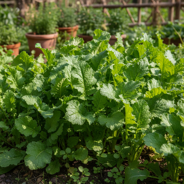 Fresh vibrant green mustard sarso saag leaves growing in a kitchen garden bed