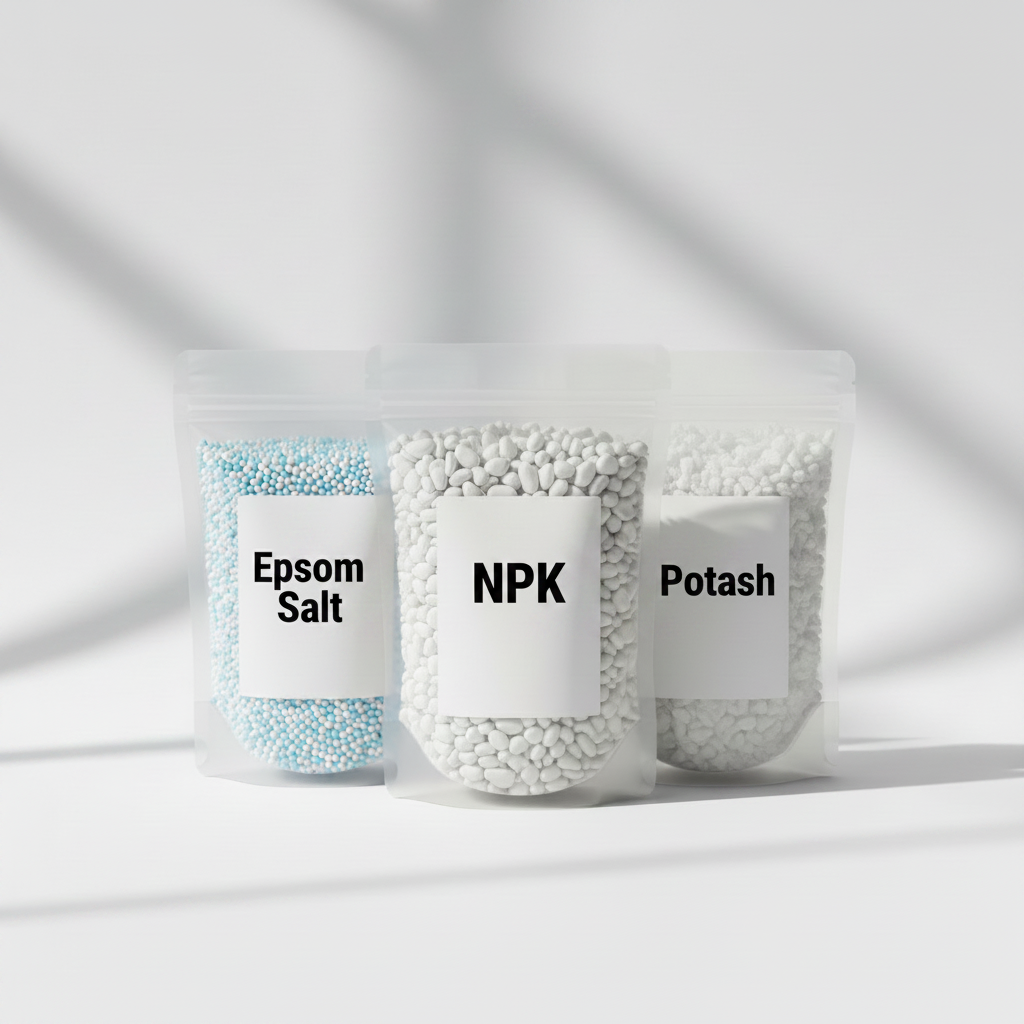 NPK, Potash and Epsom Salt fertilizer combo pack in transparent pouches