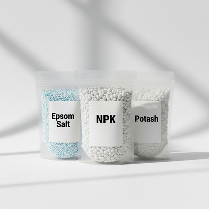 NPK, Potash and Epsom Salt fertilizer combo pack in transparent pouches