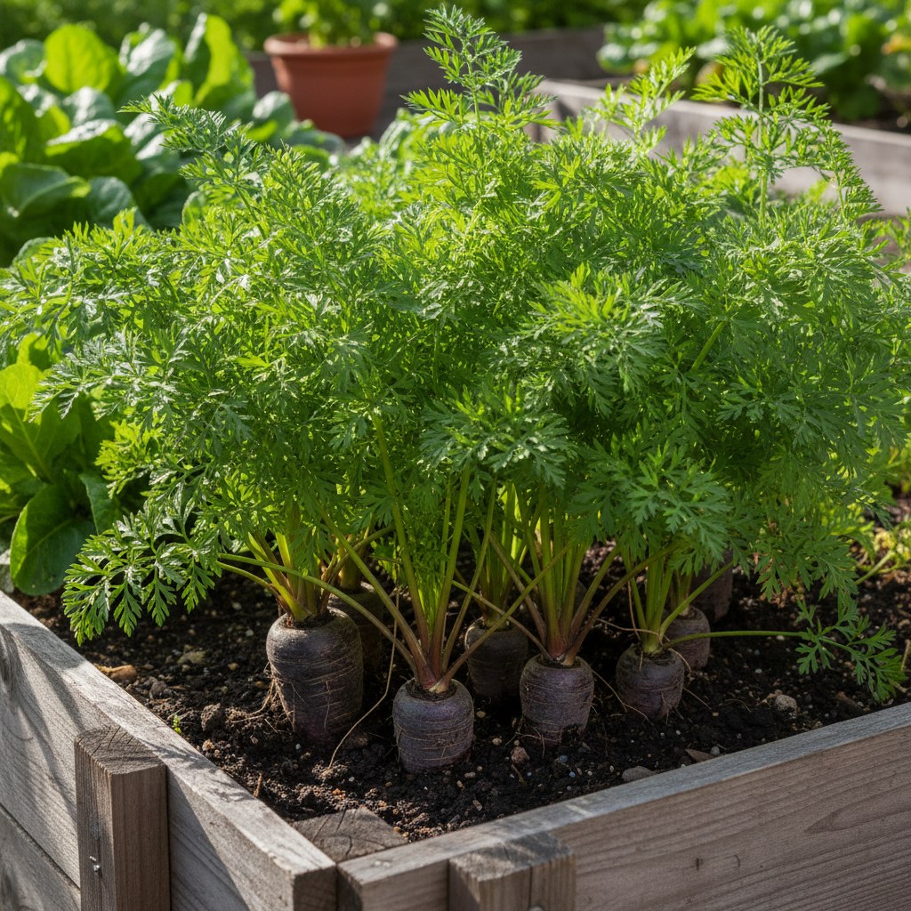 Deep purple black carrot roots partially visible at soil level with lush green feathery tops in a garden bed