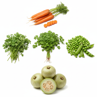 Collage grid of all 5 Indian winter vegetables — coriander, fenugreek, tinda, peas and carrot combo pack