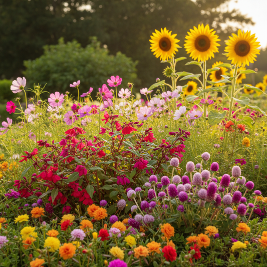 Summer Flower Seeds Combo - Gomphrena, Balsam, Cosmos, Portulaca & Sunflower in Bloom