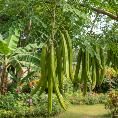 Fresh green moringa drumstick pods hanging on tree with feathery green leaves