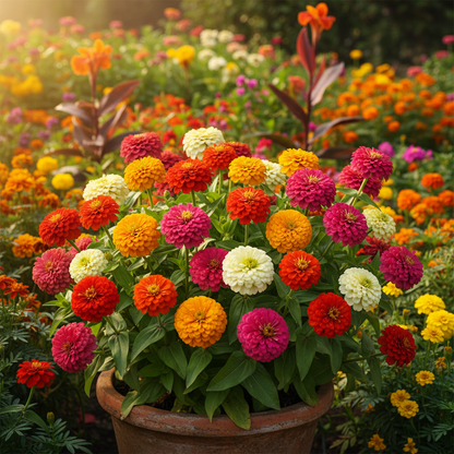 Zinnia Double Scarlet Mixed Color Plant with Large Pompom Blooms in Garden