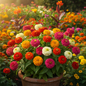 Zinnia Double Scarlet Mixed Color Plant with Large Pompom Blooms in Garden