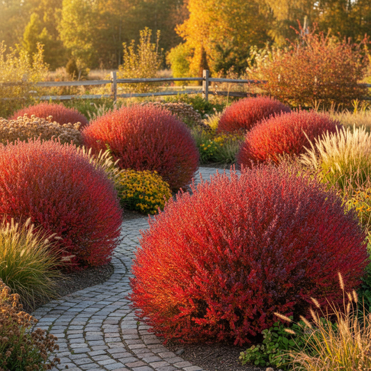 Kochia Burning Bush plants with stunning fiery red and purple autumn foliage transformation