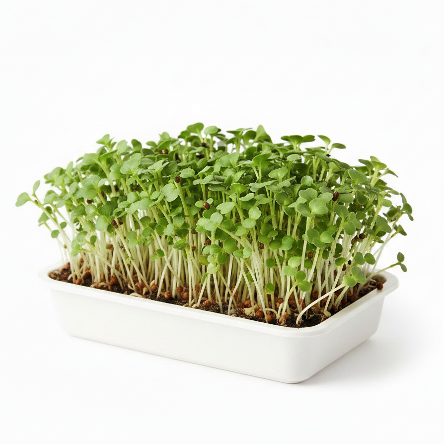 Fresh organic mustard microgreens growing in a tray, vibrant green tender sprouts