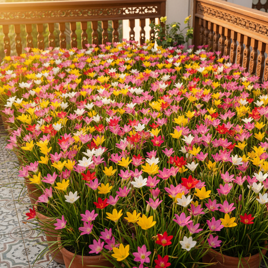 Rain Lily Zephyranthes colorful mixed blooms in pink, white, yellow and red growing in terrace pots on a sunny day