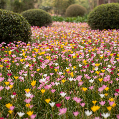 Rain Lily mixed color flowers in full bloom – pink, white, yellow and red Zephyranthes in a garden