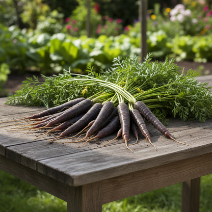 Bunch of deep purple black Wonder carrots with green tops arranged beautifully in natural sunlight