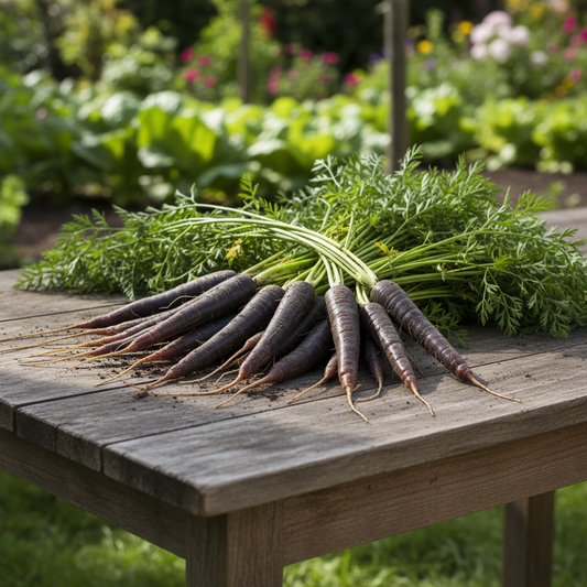 Bunch of deep purple black Wonder carrots with green tops arranged beautifully in natural sunlight