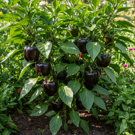 Lush green bell pepper plant with deep purple almost black glossy fruits hanging from branches in a garden