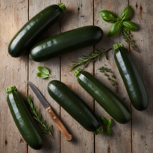 Freshly harvested Black Beauty zucchini arranged on rustic wooden surface