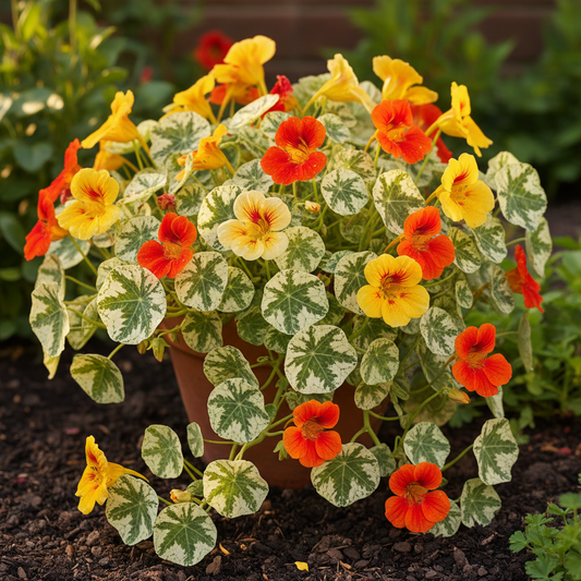 Nasturtium Alaska Mixed Color Plant with Variegated Foliage and Vibrant Blooms