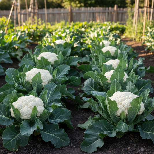 Large white cauliflower heads forming on sturdy plants with broad green leaves in a neat garden bed