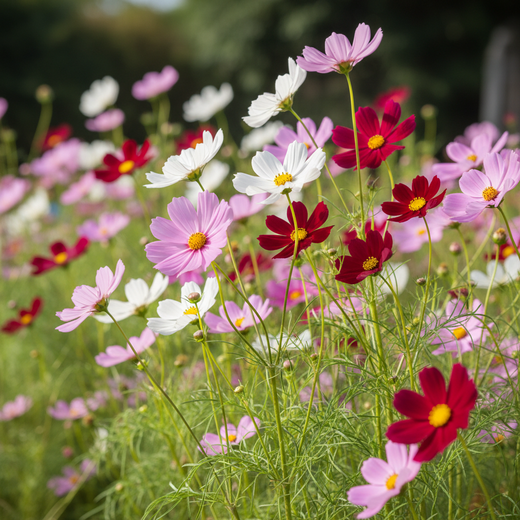 Cosmos mixed color flowers in pink, white, red and crimson blooming in a cottage garden