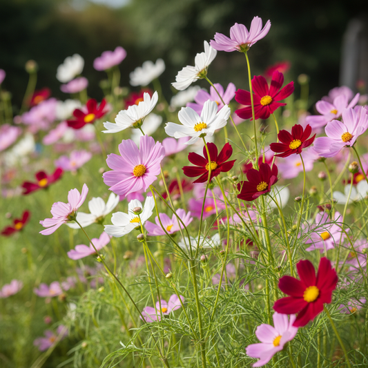 Cosmos mixed color flowers in pink, white, red and crimson blooming in a cottage garden