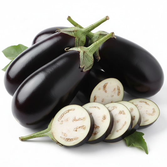 Black Hybrid Brinjal Baigan fresh glossy fruits on white background