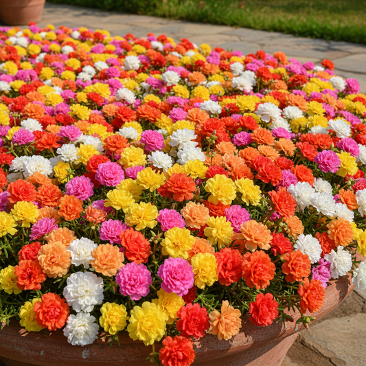 Portulaca Moss Rose Sun Plant forming a colorful carpet of mixed blooms in a sunny garden bed
