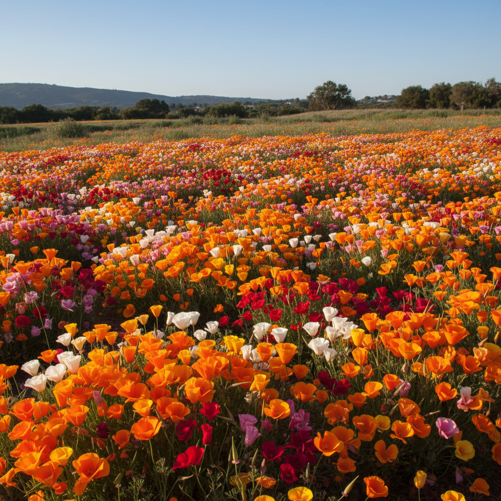 Masses of California Poppy flowers in mixed colors blooming in a wildflower garden