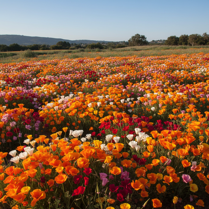 Masses of California Poppy flowers in mixed colors blooming in a wildflower garden