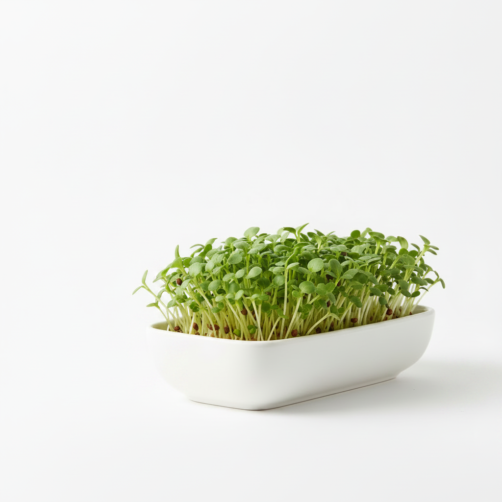 Fresh turnip microgreens growing in a tray, tender green sprouts with small round leaves
