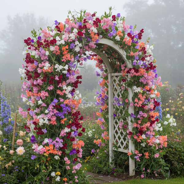 Sweet Pea Spencer Mixed Color Climbing Plant on Garden Trellis in Full Bloom