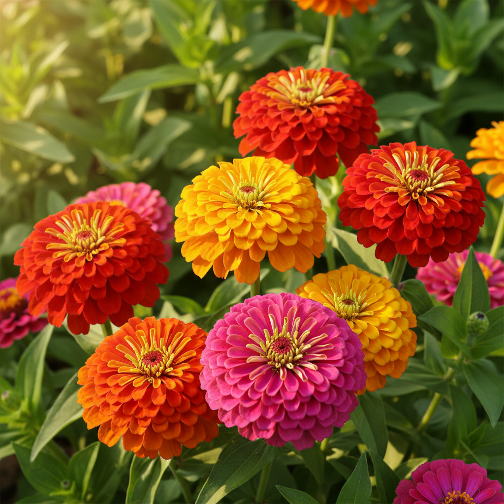 Zinnia Double Scarlet Mixed Color Fully Double Pompom Flowers Close-up