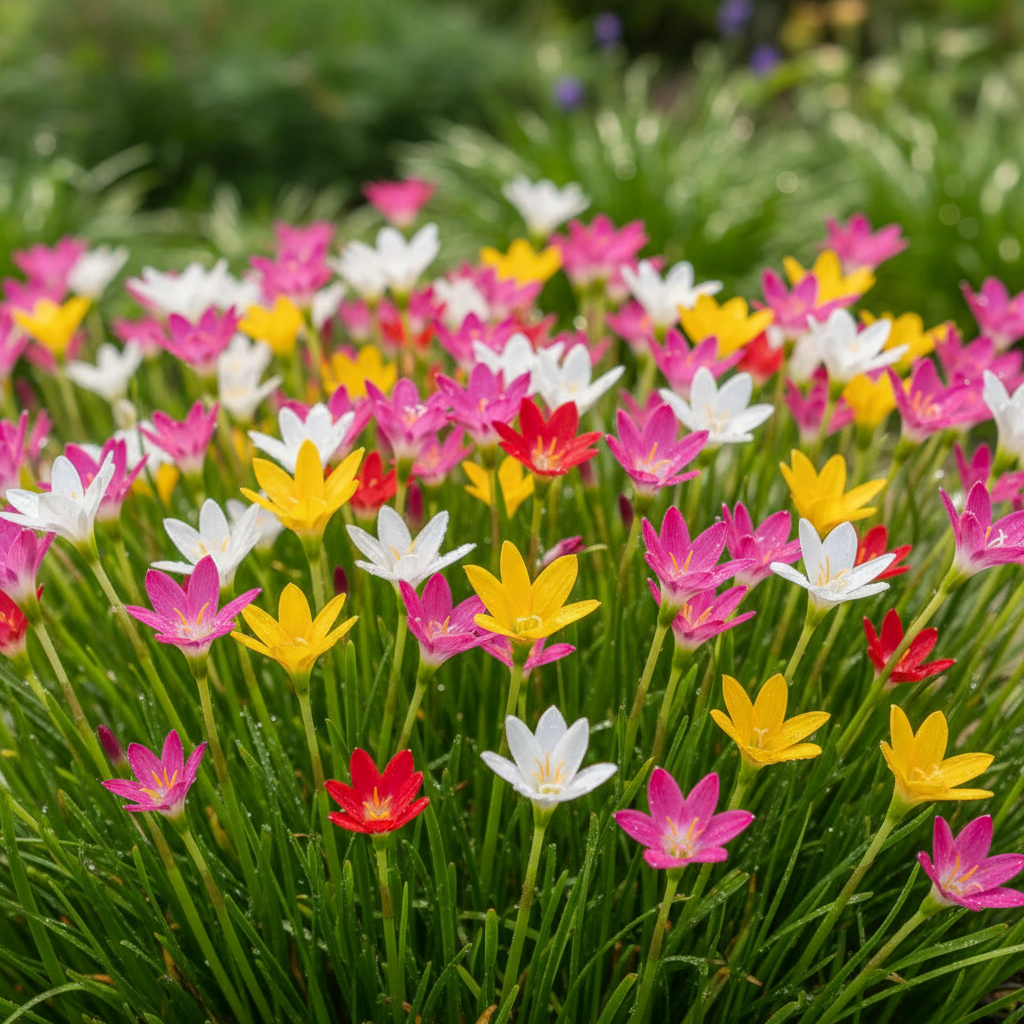 Rain Lily Zephyranthes vibrant mixed color star-shaped blooms in pink, white, yellow and red with water droplets