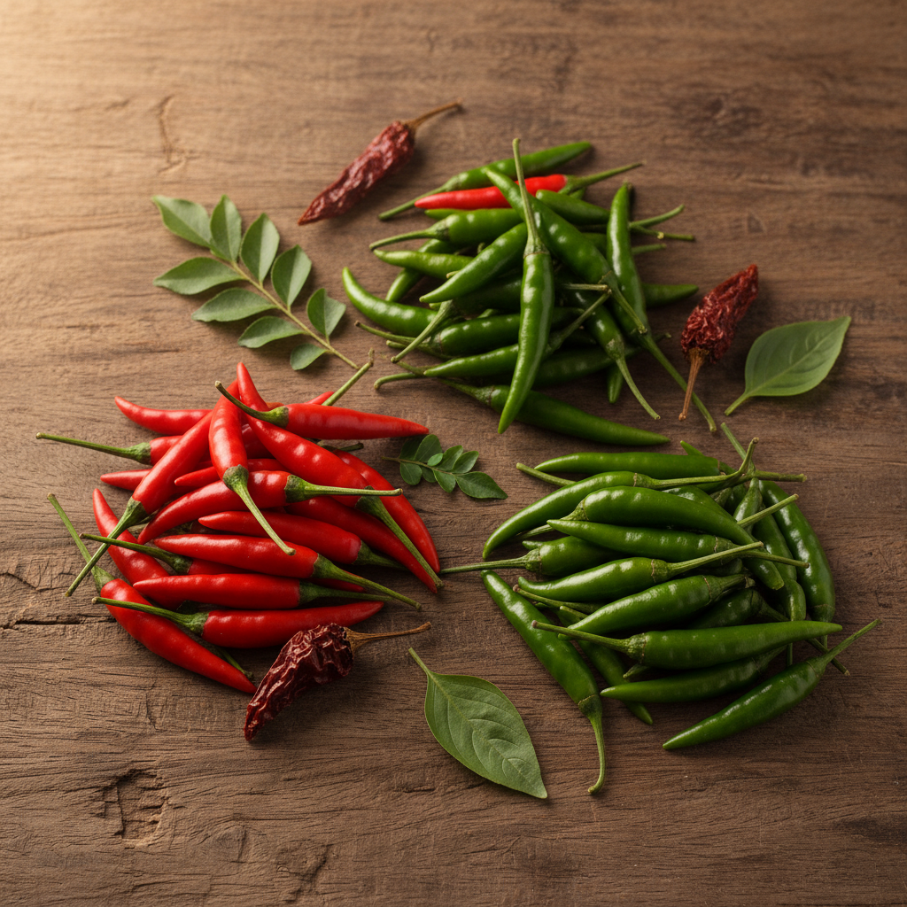 Freshly harvested red and green chillies mirch arranged on rustic wooden surface flat lay