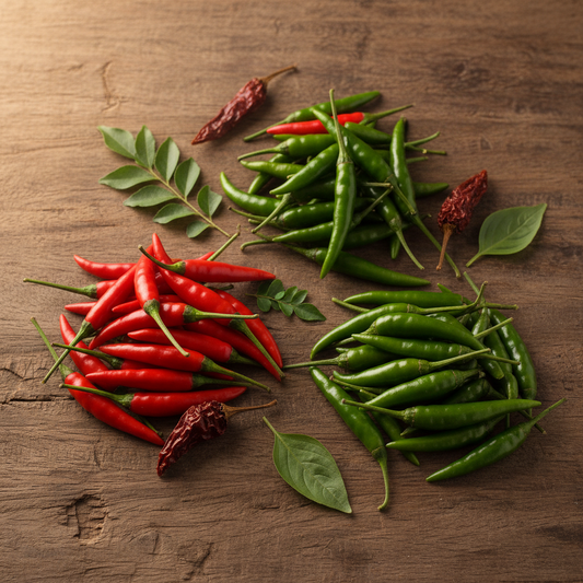 Freshly harvested red and green chillies mirch arranged on rustic wooden surface flat lay