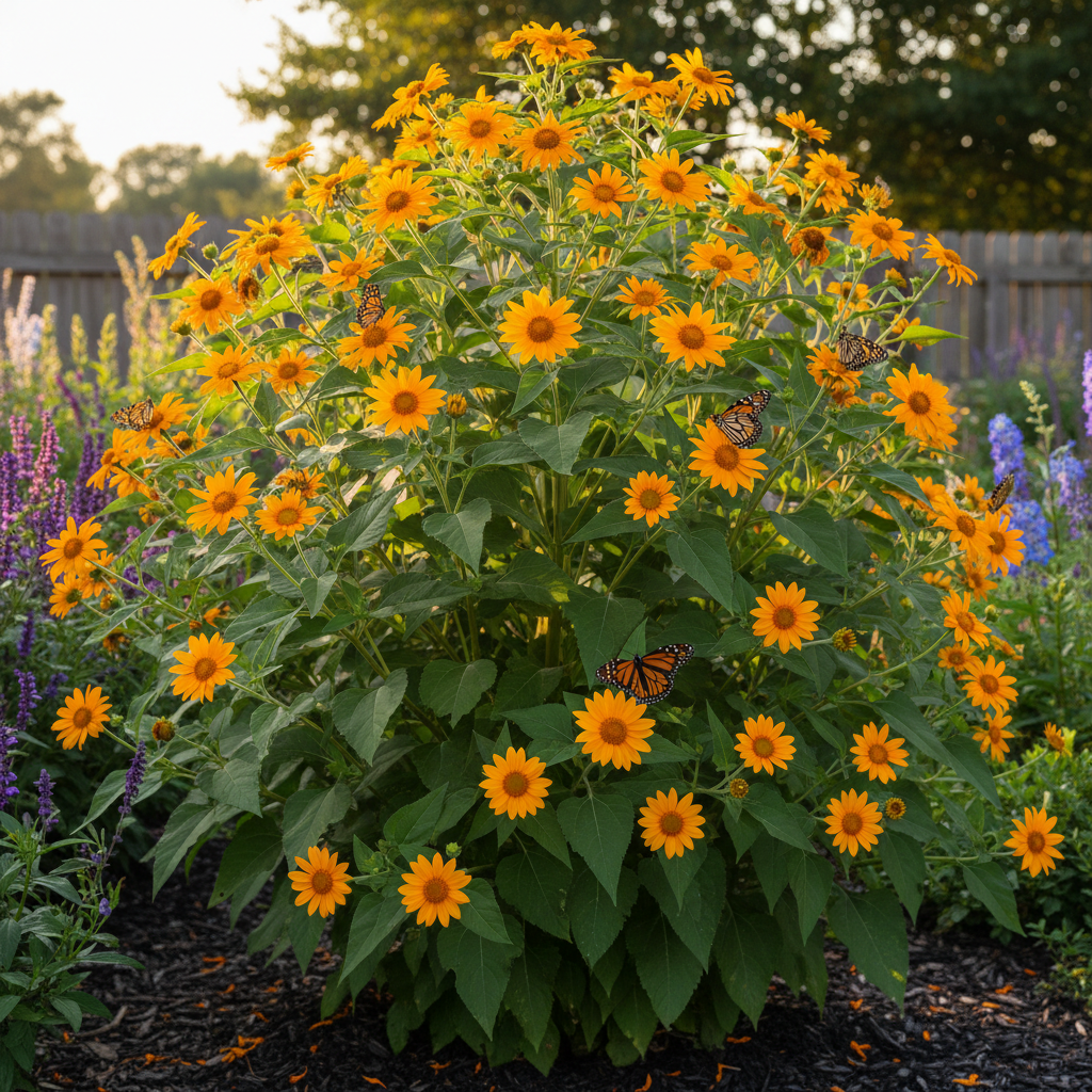 Tithonia Mexican Sunflower Orange Blooms in Garden