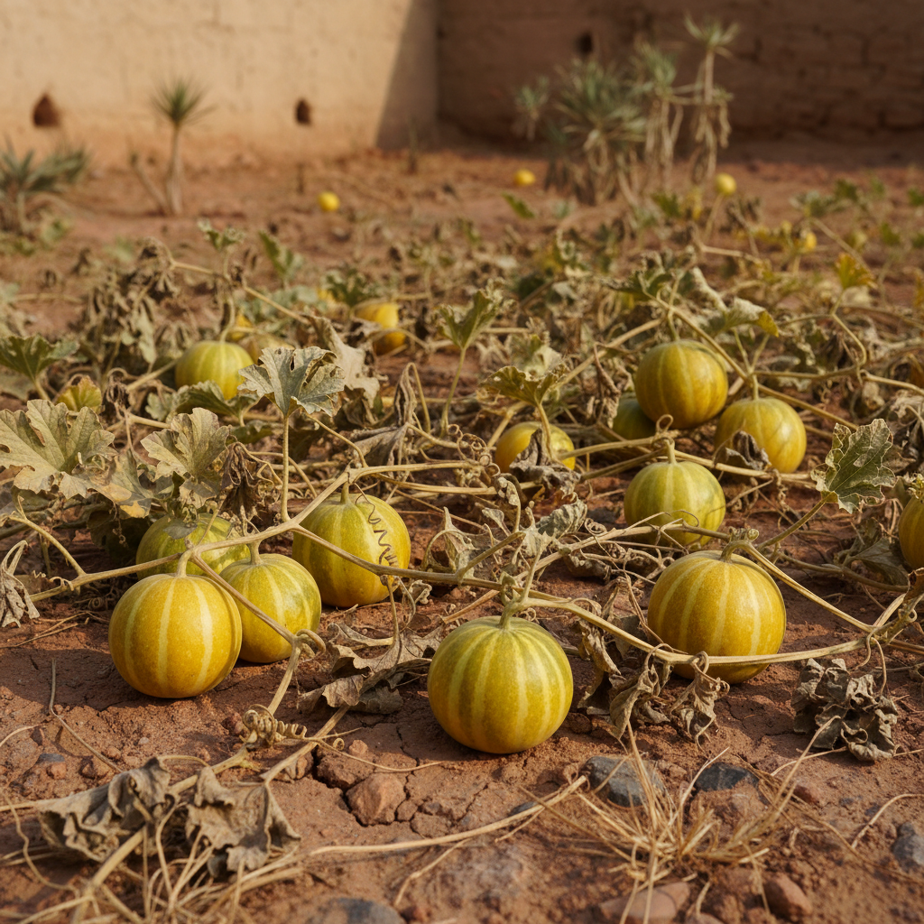Kachri desi wild melon small round yellow-green fruits growing on a vine in Indian garden