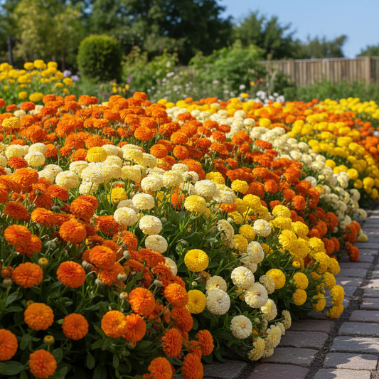 Calendula double mixed color hybrid flowers in orange, yellow, cream and apricot blooming in a garden bed