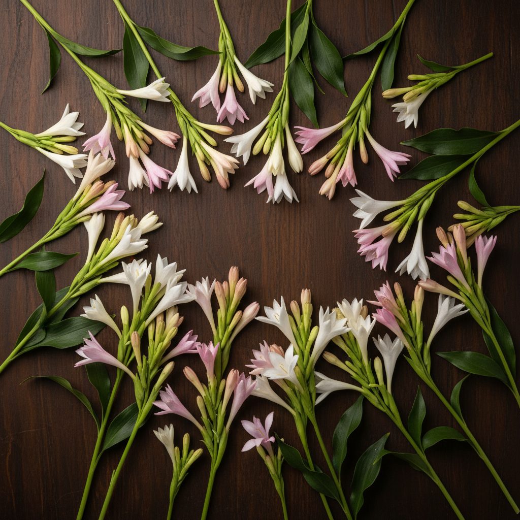 Mix color Tuberose Rajnigandha white pink and cream flower spikes flat lay on dark wooden surface with green leaves