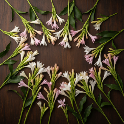 Mix color Tuberose Rajnigandha white pink and cream flower spikes flat lay on dark wooden surface with green leaves