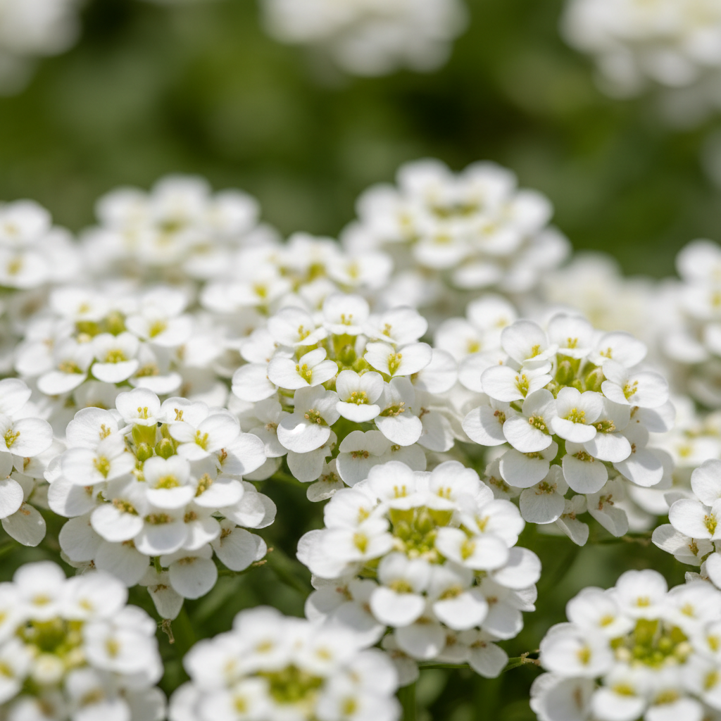 Dense clusters of tiny pure white Candytuft flowers close-up with soft green bokeh background